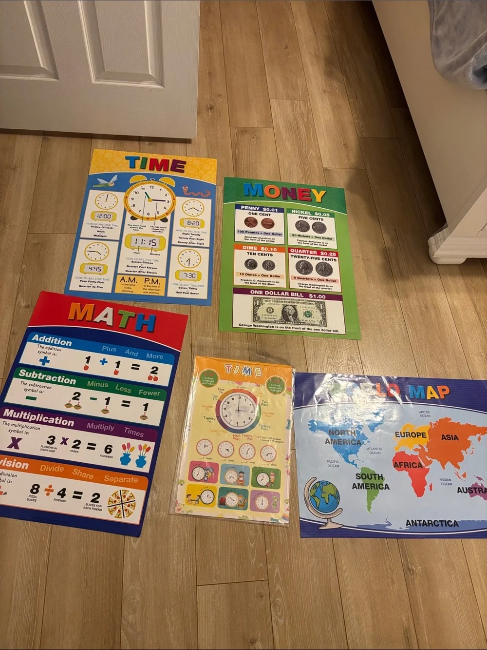 Kids Double sided educational posters  Time, Money & Math Learning Posters